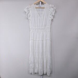 Current Air Womens White Tiered Ruffle Flutter Sleeve V Neck Maxi Dress M